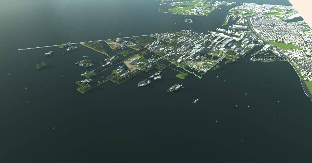 Moxon Architects Ltd — Aerial view of a sprawling island cityscape surrounded by water. The land is densely packed with buildings, green spaces, and roads, while numerous bo