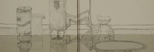 Juliet Scott, Still Life, 2016, Silverpoint on acrylic ground, 10 x 29.5cm